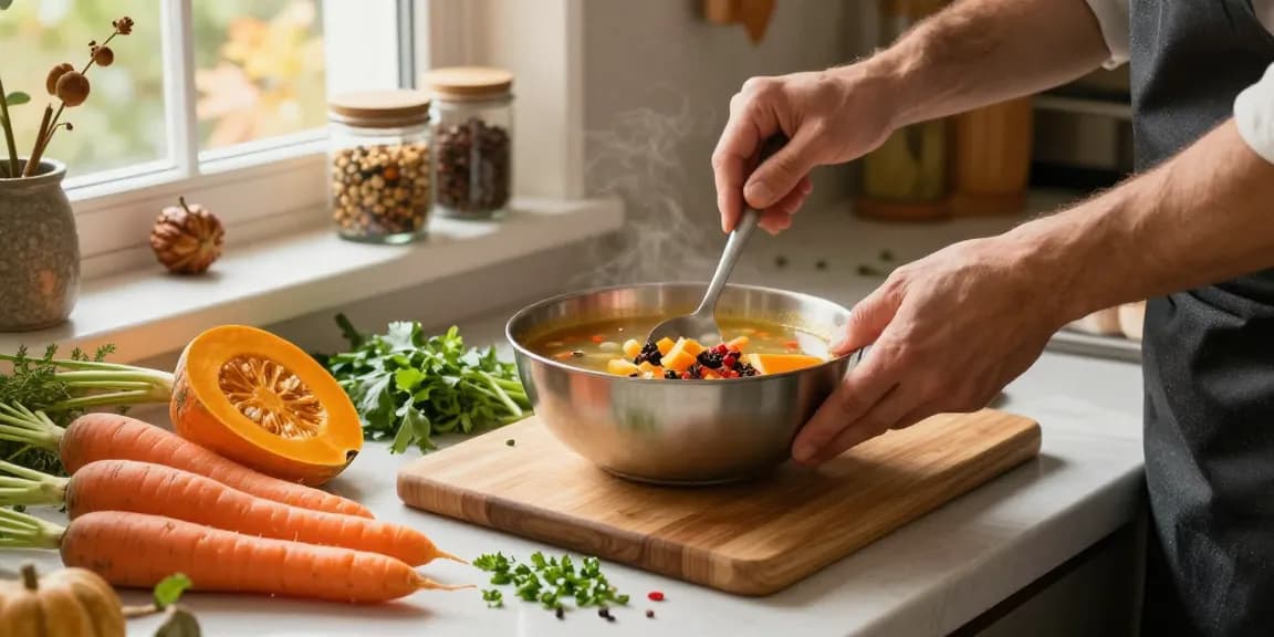 Heimkoch, der Gewürze verwendet, um eine herzhafte Herbstsuppe in einer gemütlichen Küche zuzubereiten.