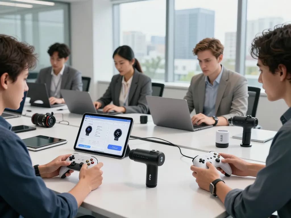 Showcase of trending tech gadgets including the 8BitDo Ultimate 2 controller and Fitbit Charge 6 in a modern office setting, highlighting innovation and Bluetooth technology.