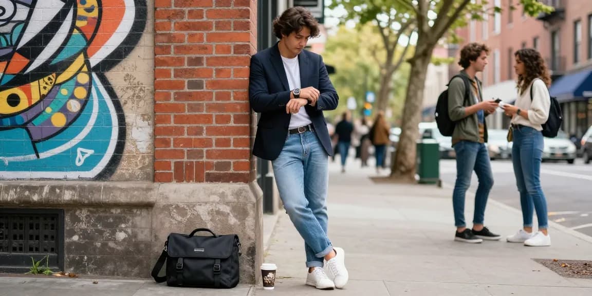 Stylish person showcasing super clone watches in an urban lifestyle scene