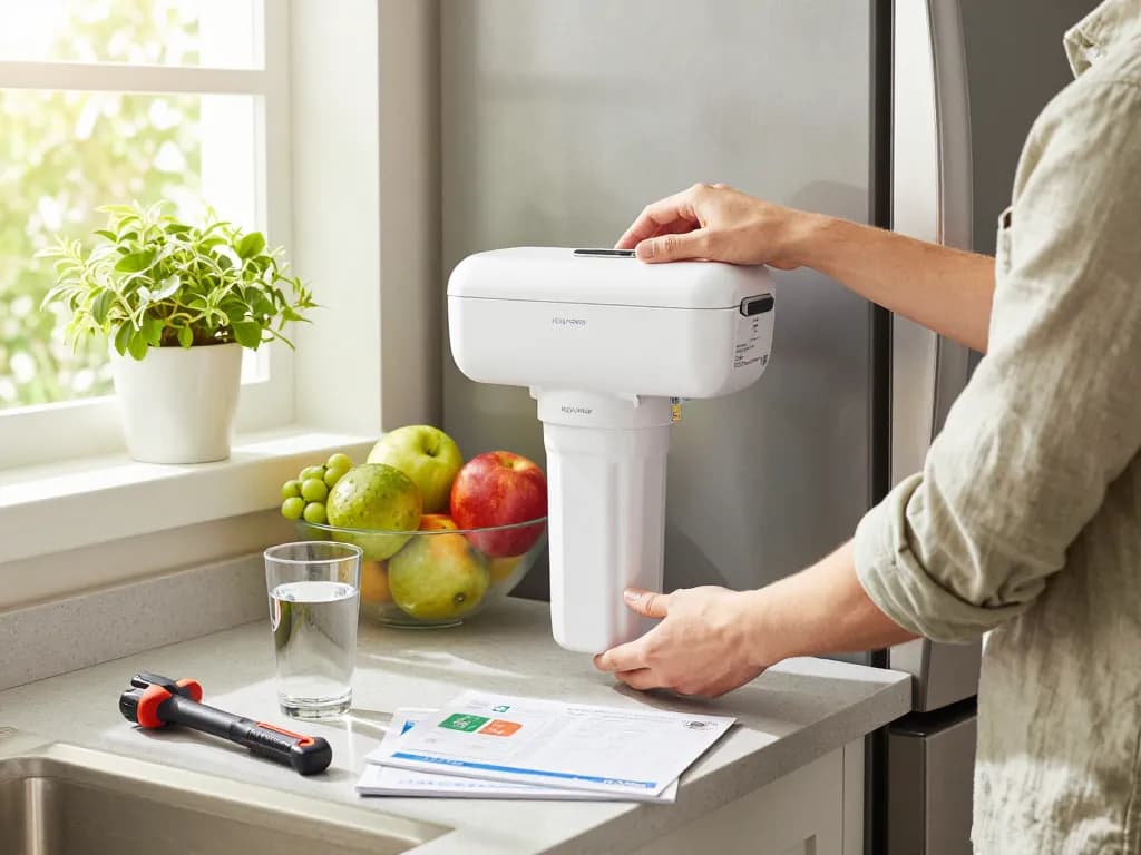 A homeowner replacing the AQUA CREST WF1CB Replacement for Frigidaire® PureSource WFCB® water filter in a bright kitchen, showcasing a clean, inviting atmosphere.
