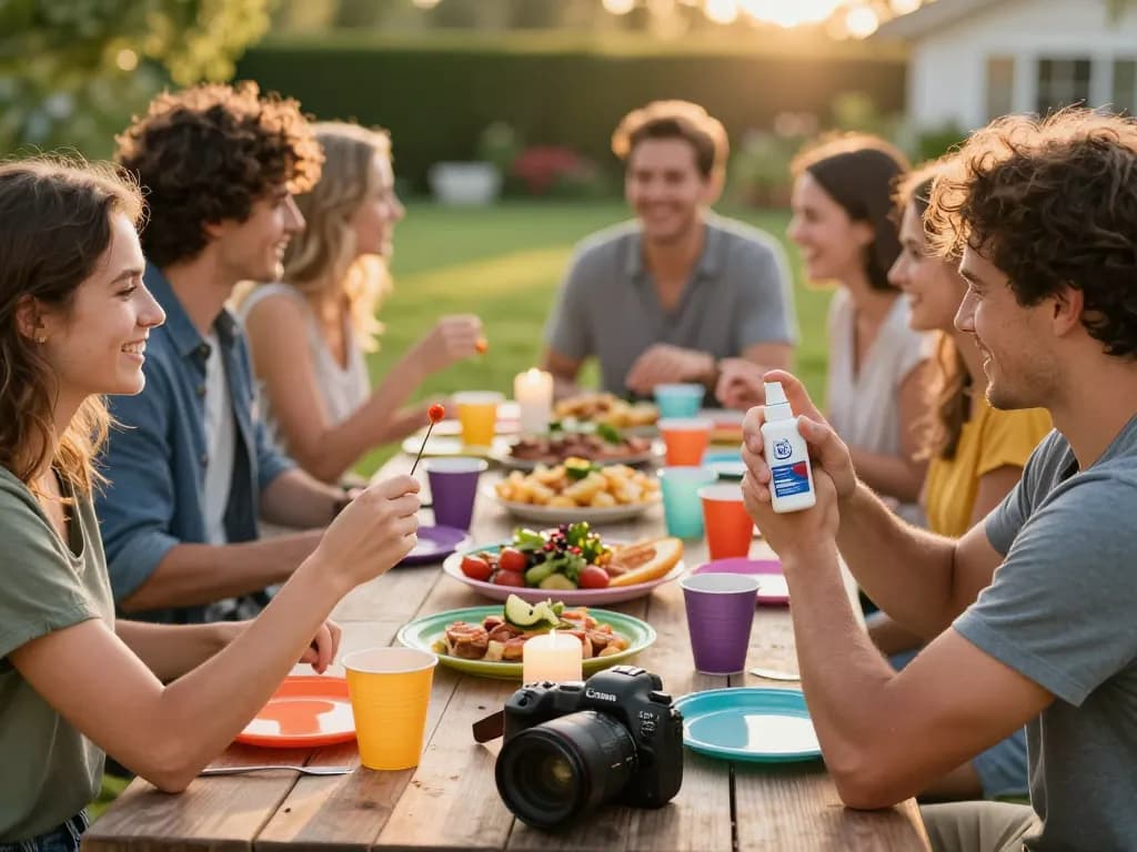 People applying Best Mosquito Repellent at a lively summer barbecue gathering.