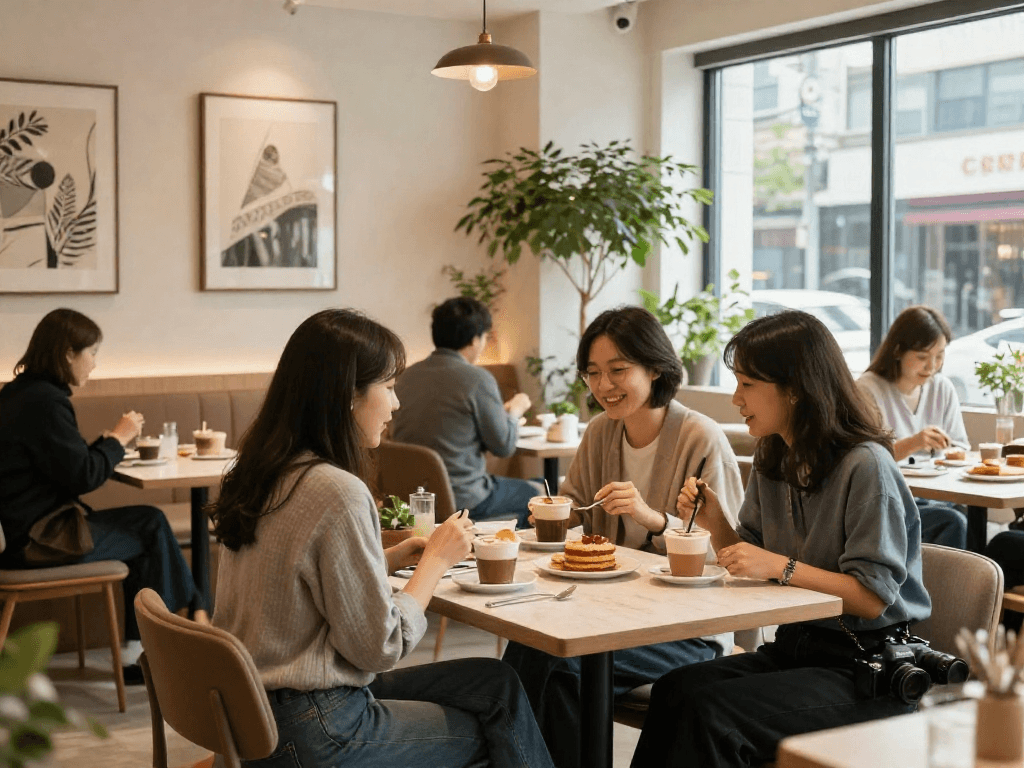 강남쩜오 분위기 좋은 카페에서 친구들과 함께 식사하는 모습
