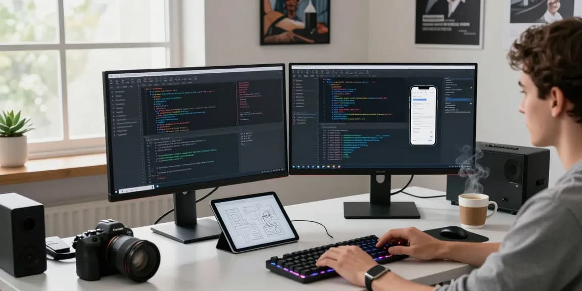 An innovative software development workspace highlighting the importance of 纸飞机中文版官网, showing dual monitors with code and design.