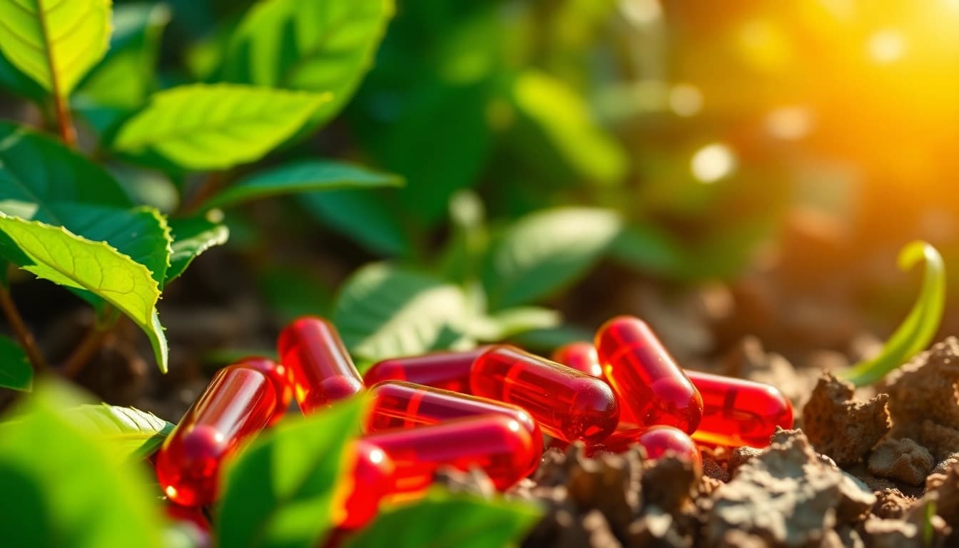 Showcasing astaxanthin capsules as the strongest antioxidant in nature surrounded by green foliage.