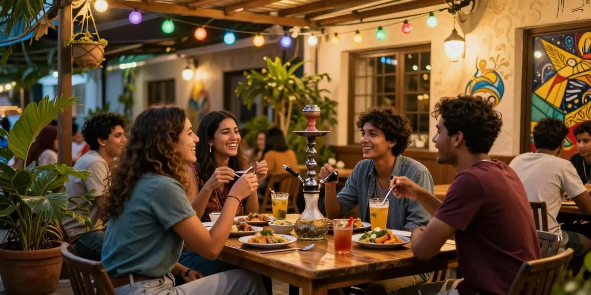 Friends enjoying rokok 88 experience at a vibrant café, sharing food and laughter.