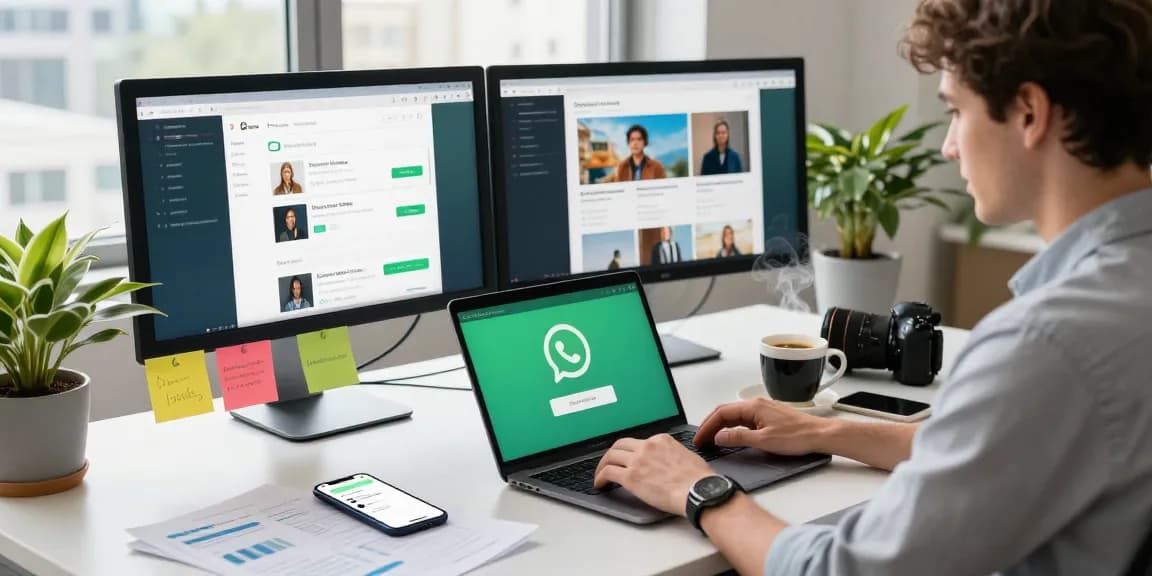 Active user downloading WhatsApp下載 on laptop in a modern workspace.
