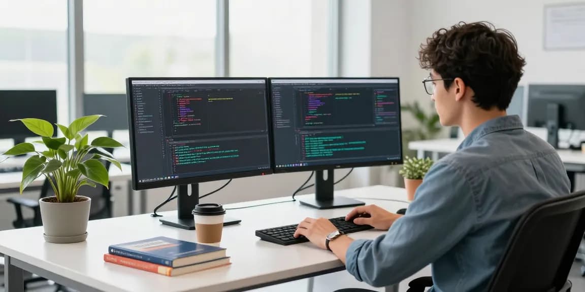 Developer coding on dual monitors at 纸飞机官网 workspace, highlighting modern software environment.