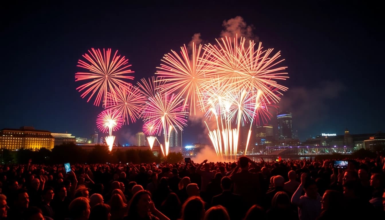 Experience the magic of fireworks in Manchester; vibrant display lighting up the skyline and crowd.
