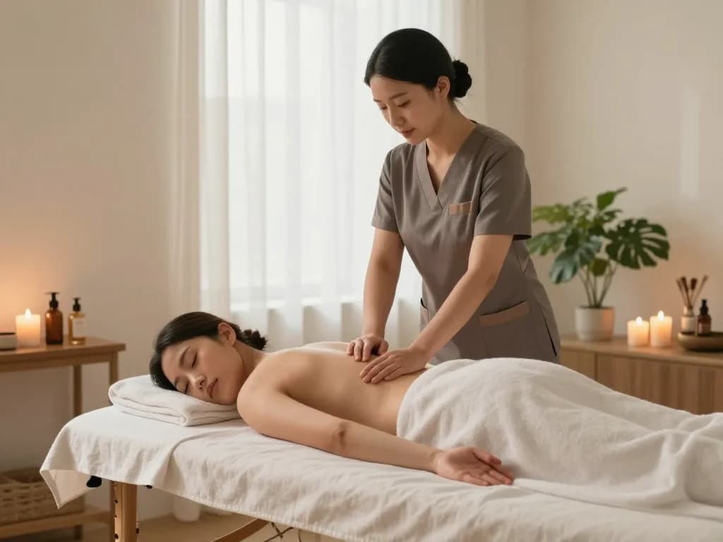Relaxing 출장마사지 scene featuring a therapist with a client in a serene room.