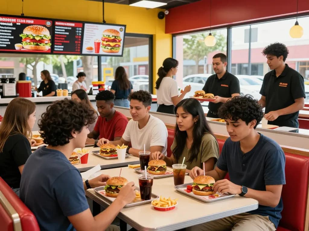 Friends enjoying fast food meals in a vibrant restaurant highlighting fast food prices.