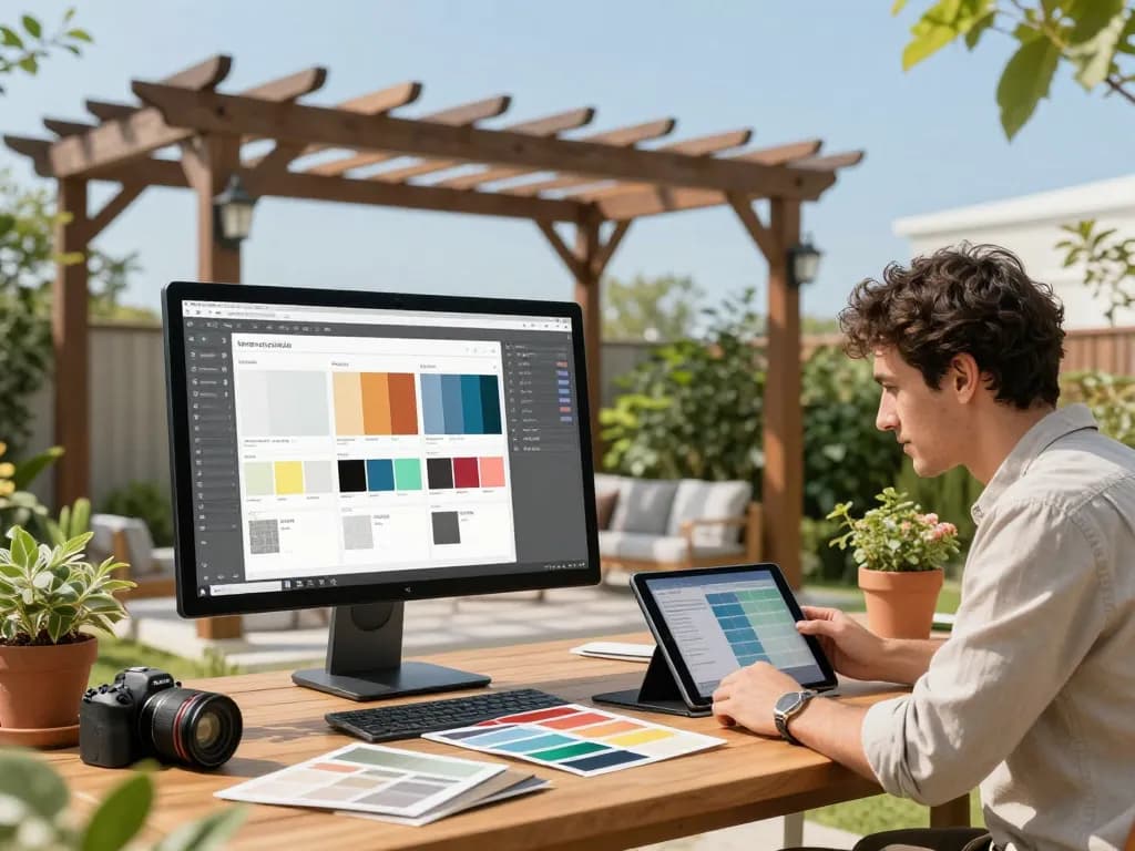 Designer using the All-in-One pergola Configurator to create a custom 3D pergola in a bright outdoor setting.