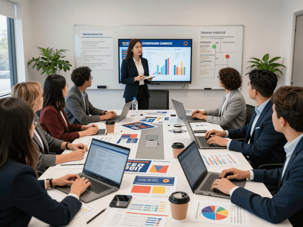 Learn how to run google ads for a campaign in a strategic political marketing meeting with diverse team members analyzing voter data.