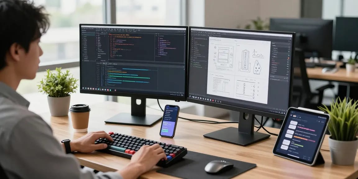 Developer coding at a dual-monitor setup illustrating productivity for 纸飞机中文版官网.