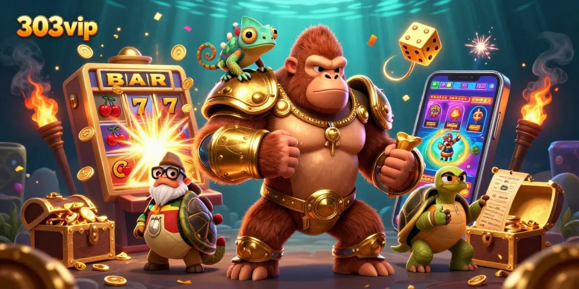 Engage with the thrilling world of 303vip, featuring an epic jackpot scene with action-packed casino elements.