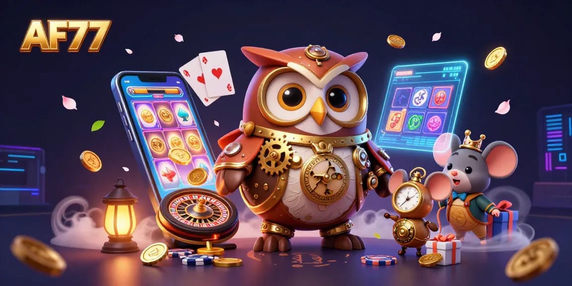 Experience thrilling gameplay on AF77 with a vibrant 3D casino illustration featuring unique characters and elements.
