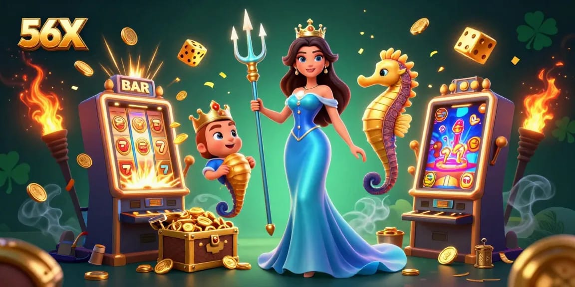 Experience thrilling gameplay with 56X in this vibrant 3D illustration featuring dynamic casino elements and characters.