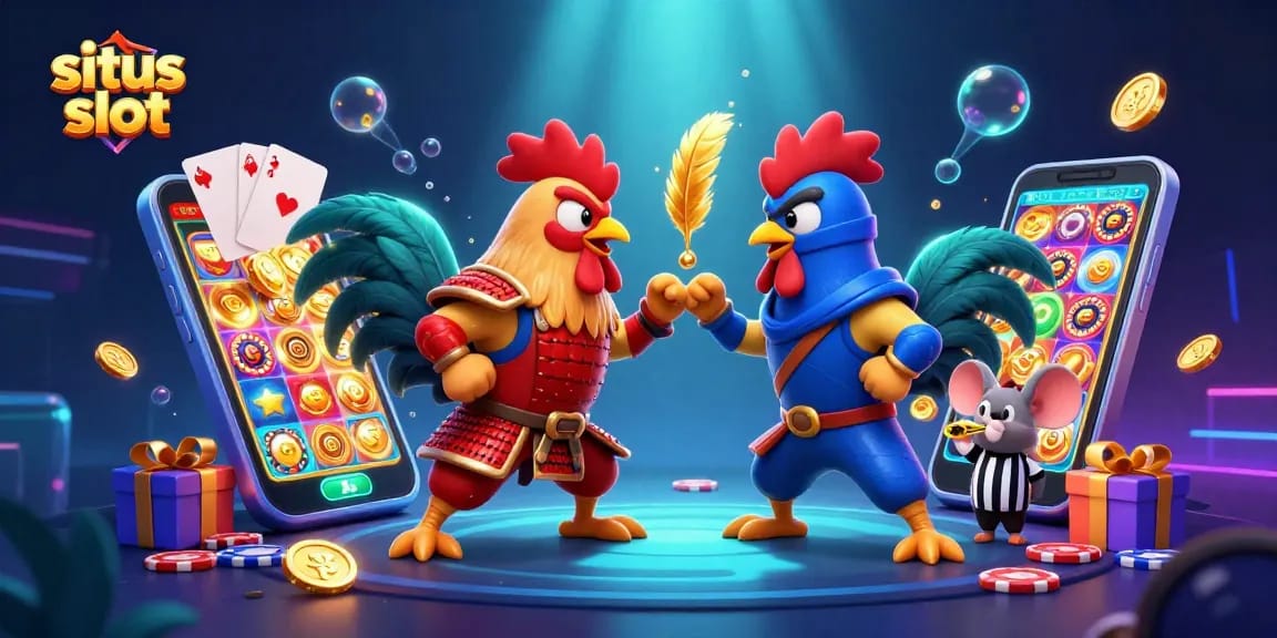 Engage in thrilling gameplay with situs slot as roosters face off, surrounded by dynamic casino elements.