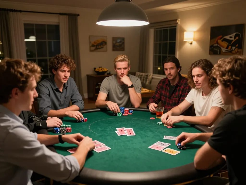 kinggaruda138 players enjoying a thrilling home poker game night with friends around a table full of cards and chips.