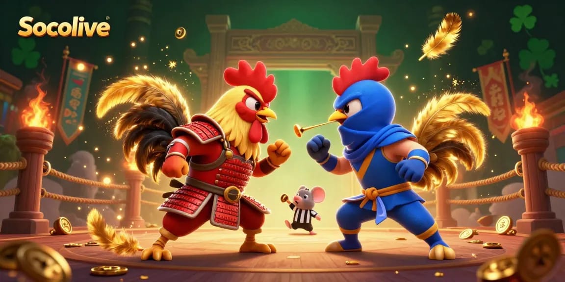 Socolive promotes thrilling rooster fight action with dynamic characters and gambling elements.