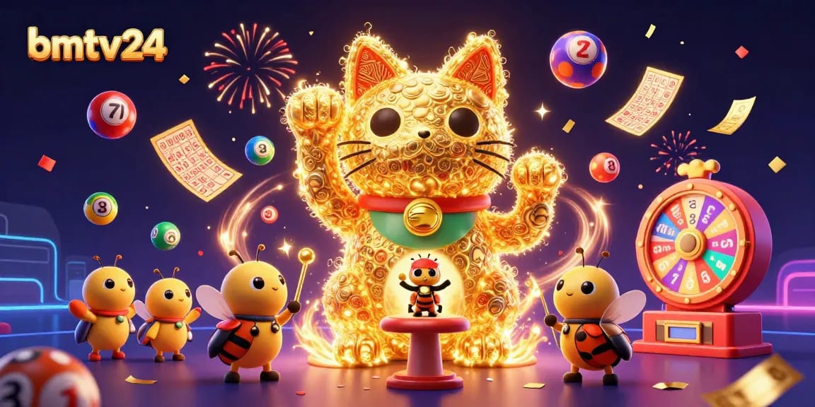Bettors engage with bmtv24's lively lottery scene featuring a dynamic golden lucky cat.