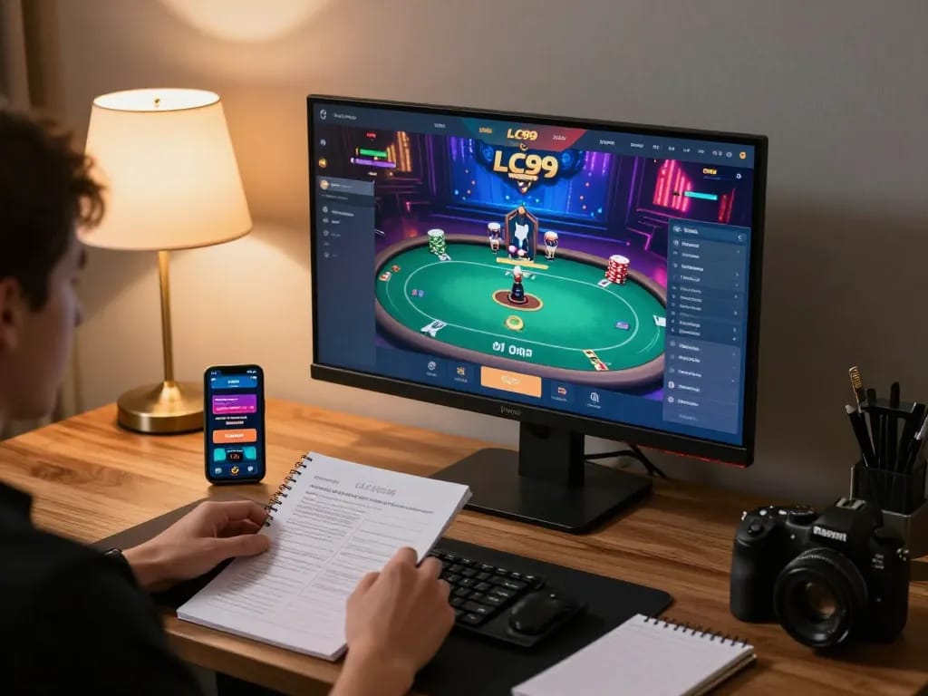 LC99 online gaming platform displaying vibrant poker game graphics on desktop setup.