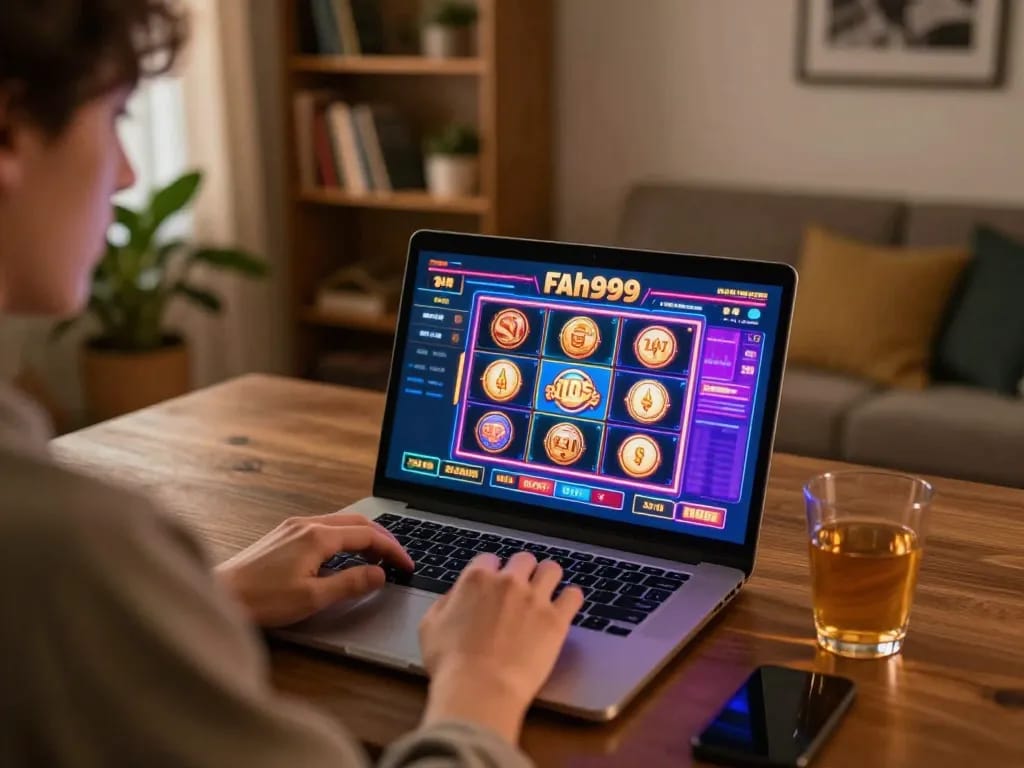 Engaging in Fah999 online gaming with colorful slots visible on the laptop screen in a cozy home setting.