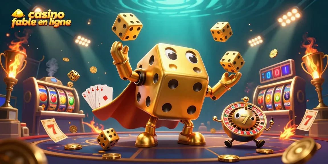 Illustration dynamique de casino fiable en ligne, avec des dés dorés et des éléments de jeu.