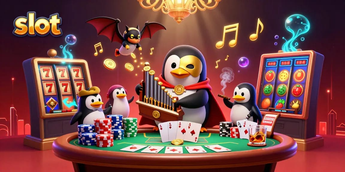 Spin the slot as a penguin plays an organ and coins rain down, showcasing lively casino action.