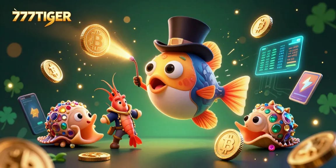 Engage with the 777TIGER experience as colorful characters surround glowing coins in this innovative casino-themed image.