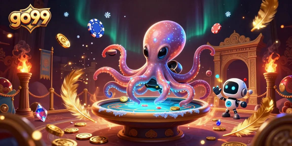 Engage with go99's thrilling poker experience featuring a vibrant alien octopus and dynamic game elements.