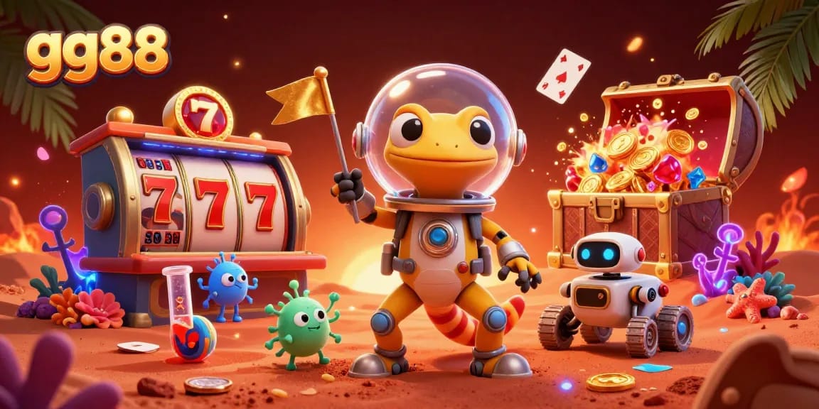 Experience the excitement of gg88 with a Martian gecko in a vibrant, dynamic casino scene.