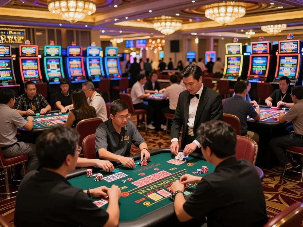 Paito macau gaming action in an upscale casino, players engaged at vibrant tables with chips and cards visible