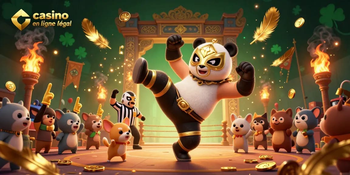 Plongez dans l'univers du casino en ligne légal en France avec un panda professionnel combattant et une foule en effervescence.