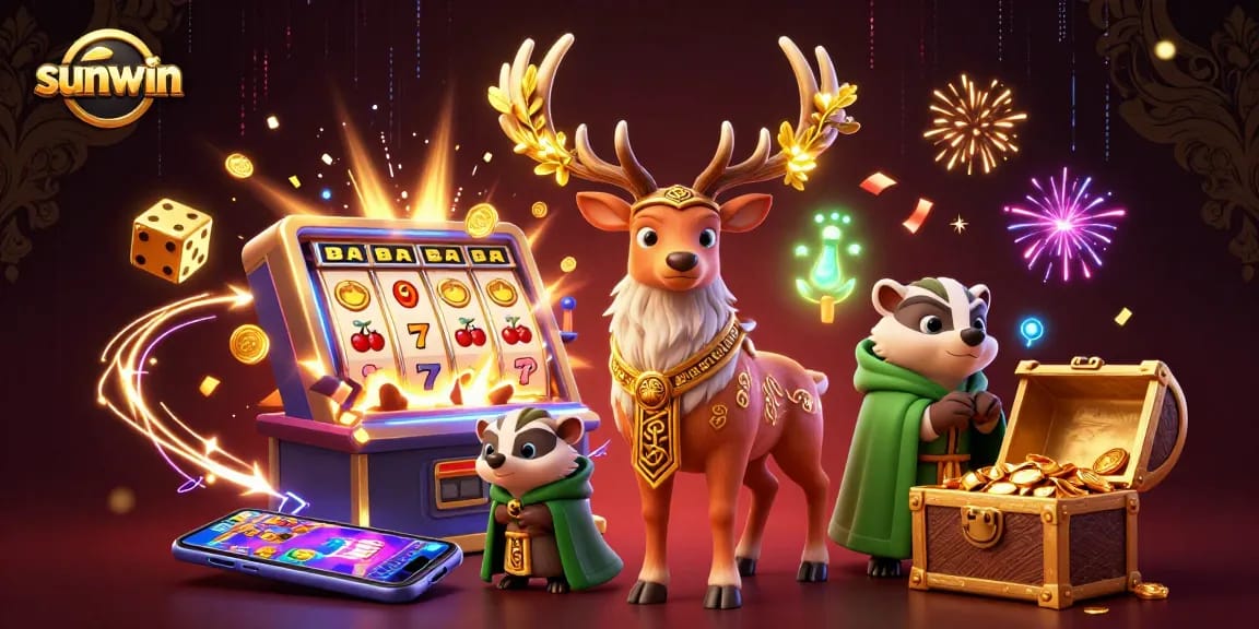 Spin the reels at sunwin with a jubilant stag and badger amidst a jackpot explosion.