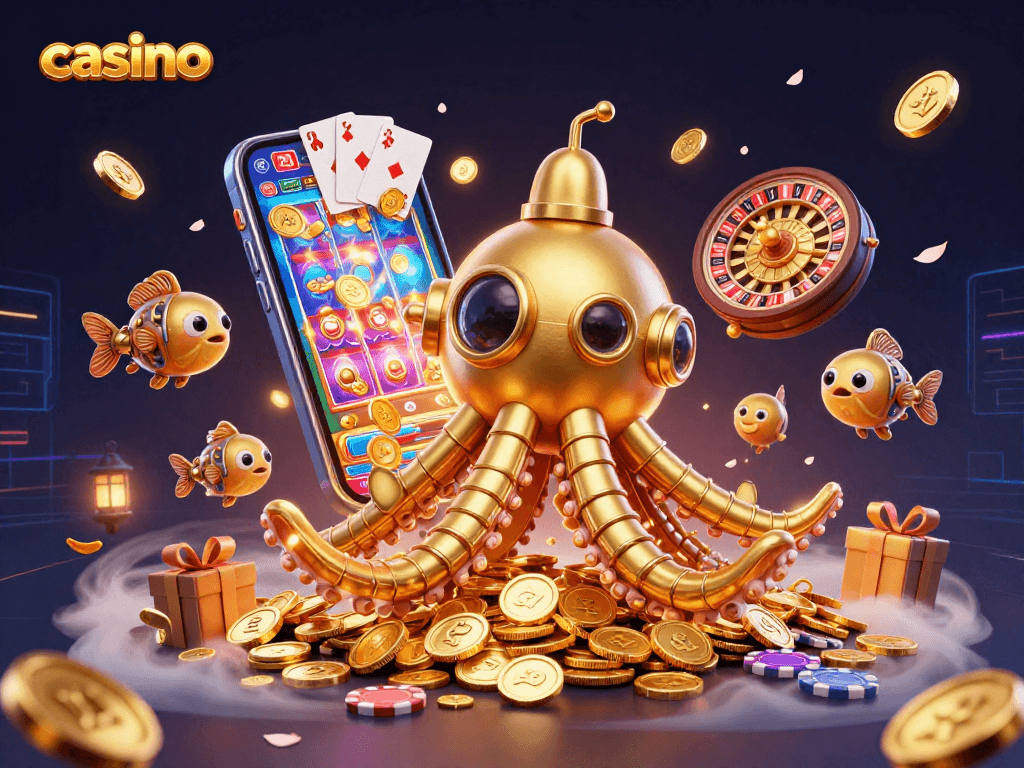 Experience the thrill of casino gaming with animated kraken and coins in vibrant 3D illustration.