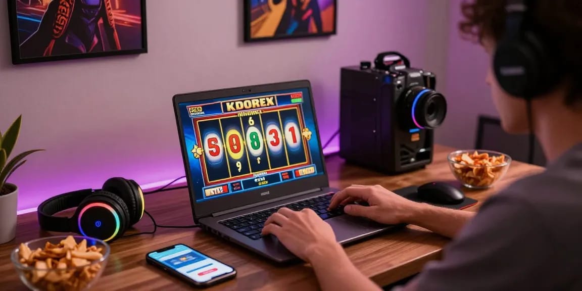 Player engaged in online gaming with slot deposit dana setup, modern desk, and gaming accessories.