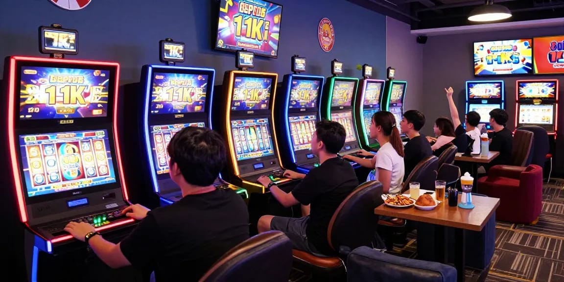 Players celebrating wins at slot depo 1k in lively gaming lounge with bright screens and neon lights