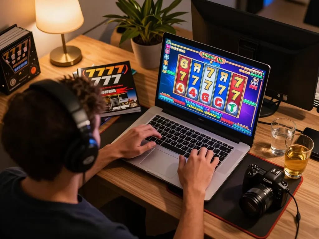Player engaging in a thrilling slot777 game on a laptop surrounded by strategy books and a cozy ambiance.
