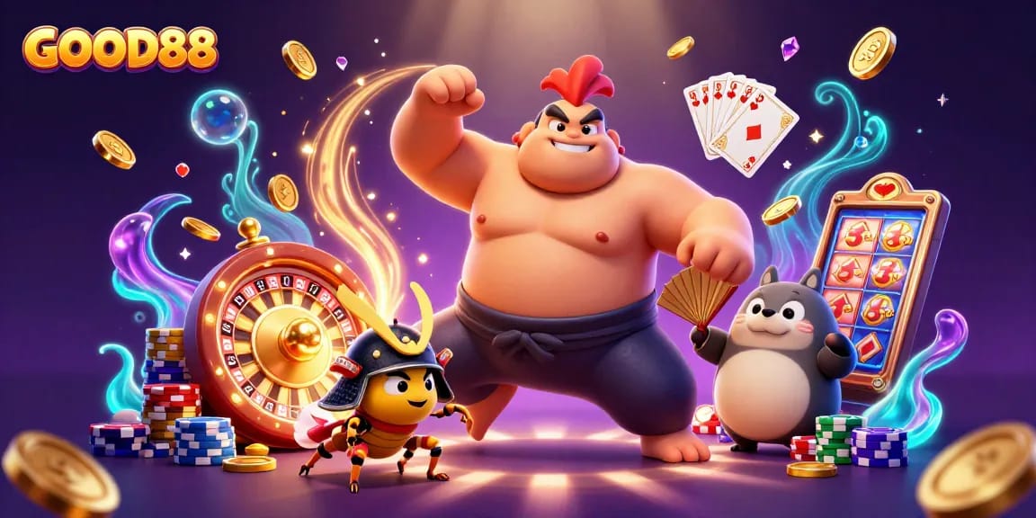 Experience thrilling gaming action with GOOD88 as vibrant characters celebrate amidst dazzling casino elements.