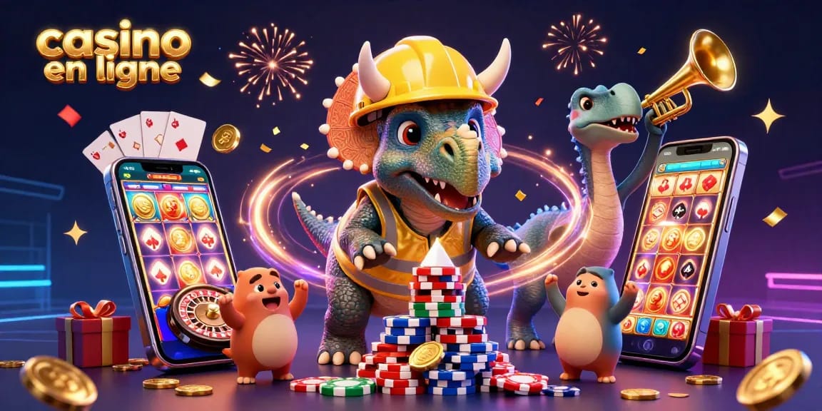 Jouez au casino en ligne et célébrez des gains avec des personnages jouant autour de jeux et jackpots animés.