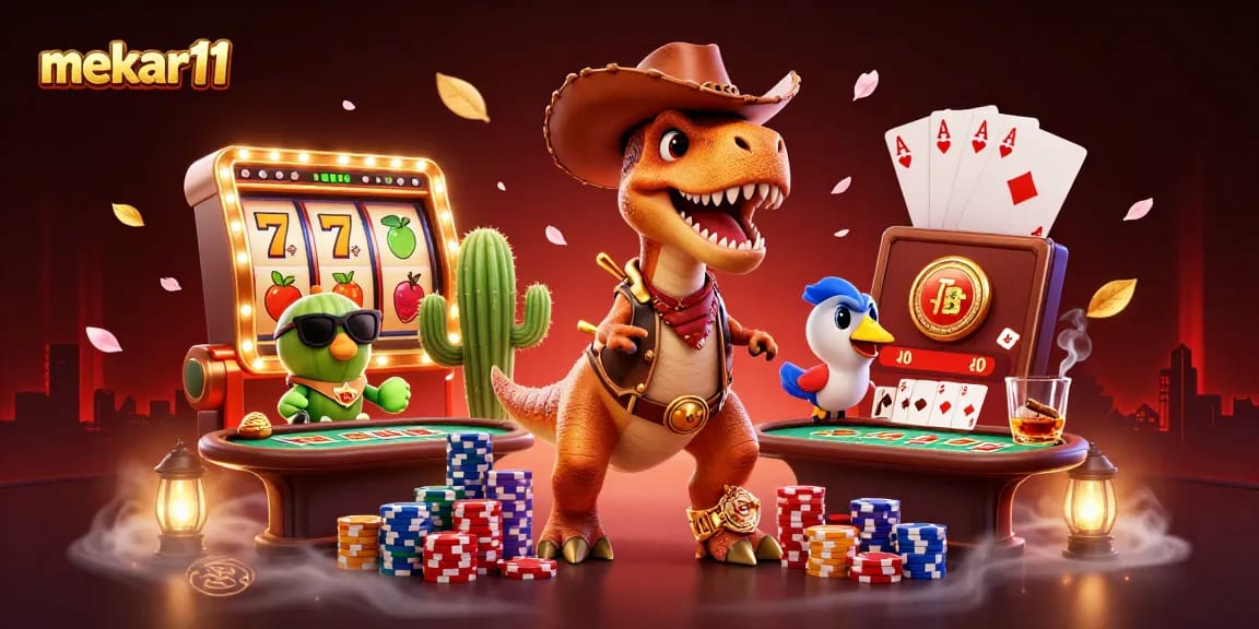 Mekar11 players enjoy thrilling slot excitement with cartoon characters in a lively casino scene.