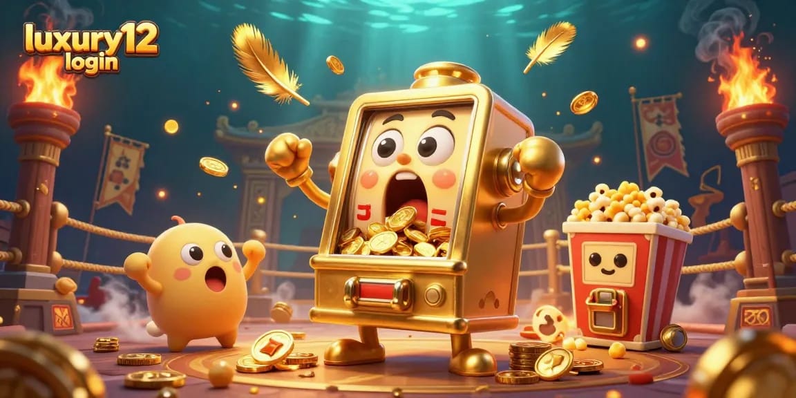 Engage in thrilling wins with luxury12 login, featuring a lively scene of a golden slot machine bursting with coins.