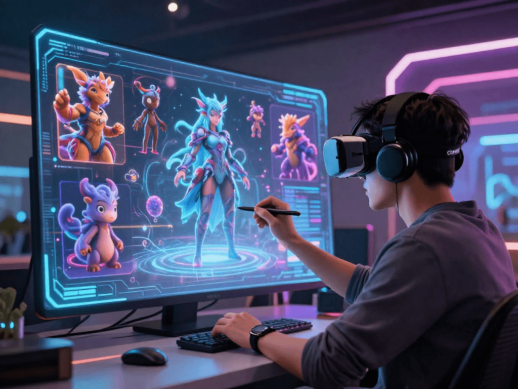 Creating character ai nsfw in a vibrant virtual workspace, user customizing AI-generated designs.
