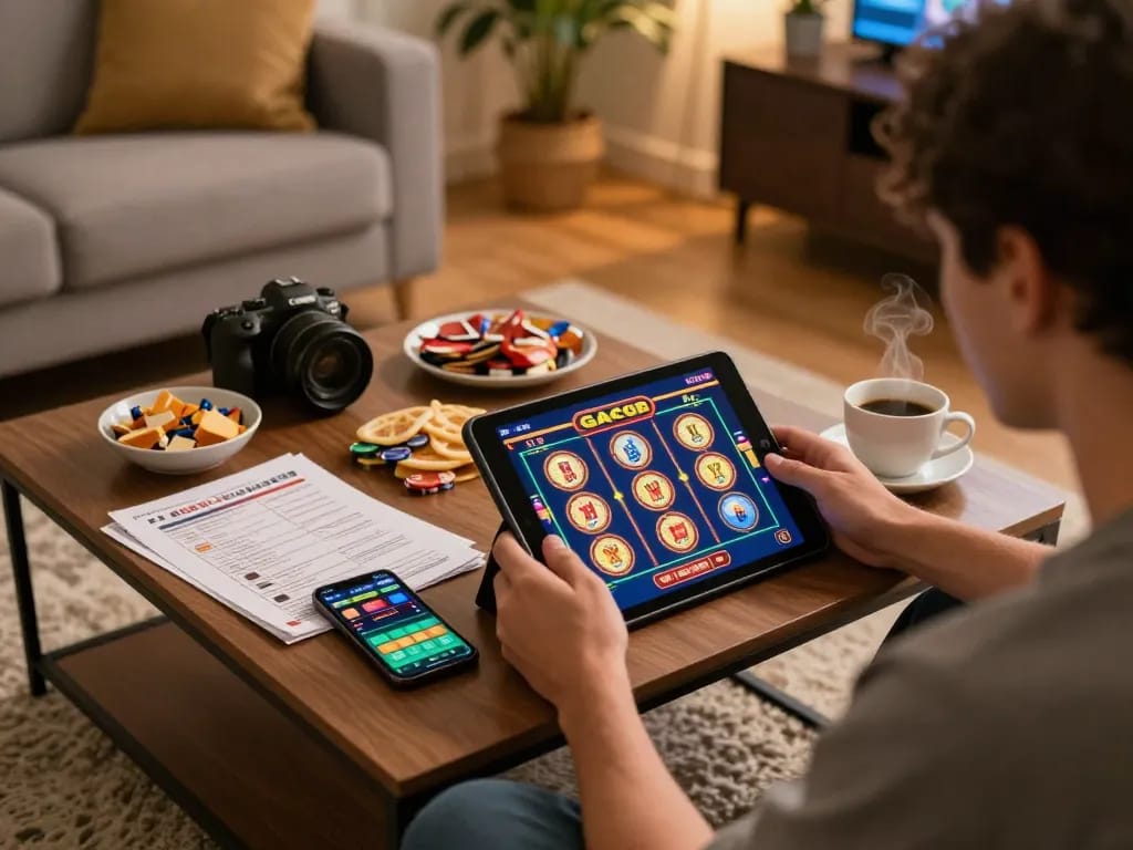 Engaged player enjoying slot gacor gameplay on a tablet in a cozy home environment.
