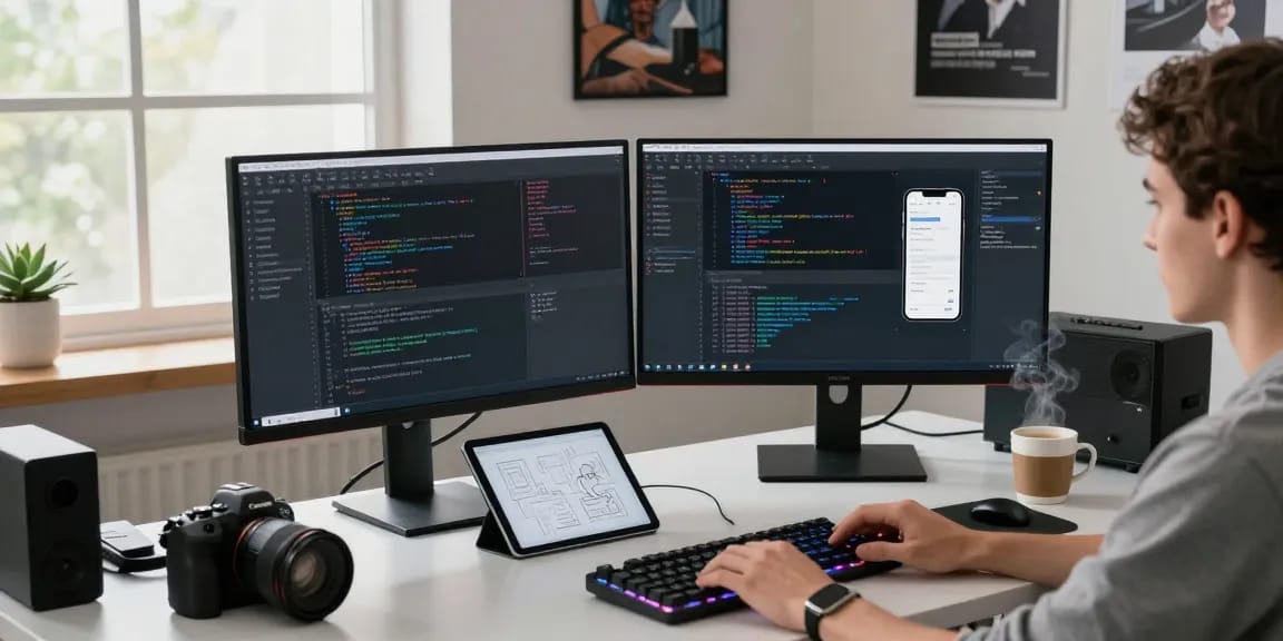 An innovative software development workspace highlighting the importance of 纸飞机中文版官网, showing dual monitors with code and design.