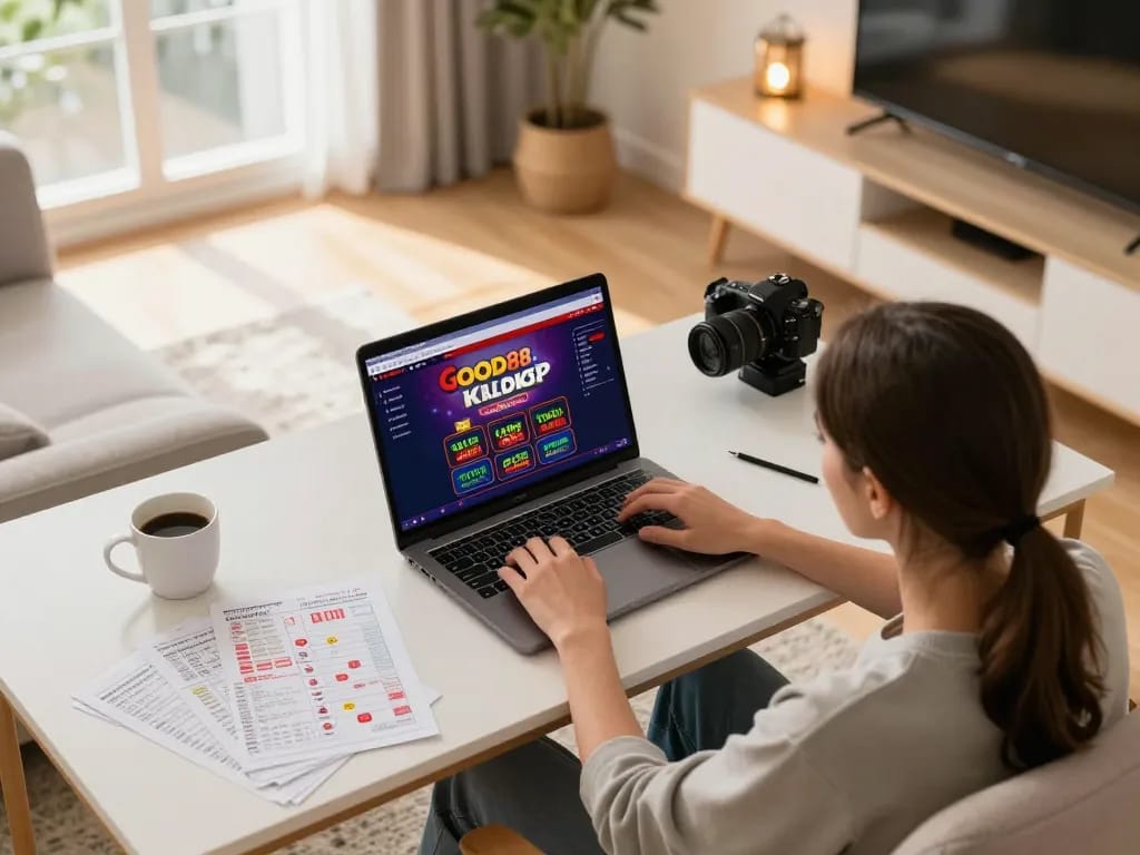 Engaging with the GOOD88 casino site on a laptop in a cozy home setting.