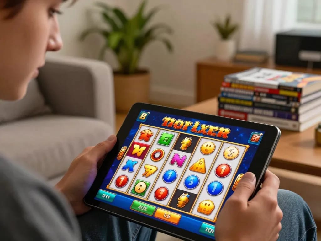 Experience deposit 1000 action while enjoying colorful slot gameplay on a tablet in a cozy home.