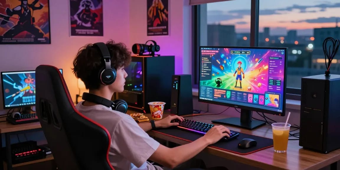 Engaging moment in a cozy gaming room enjoying a porngame experience on a high-resolution monitor.