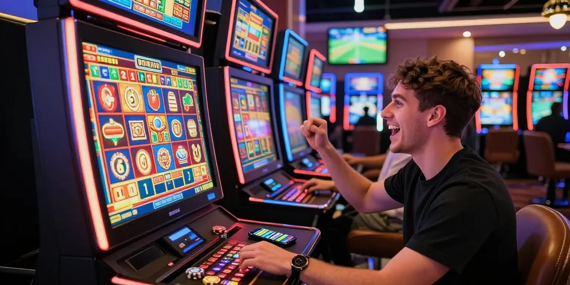 Player enjoying a thrilling online slot game experience with colorful displays and vibrant casino ambiance.