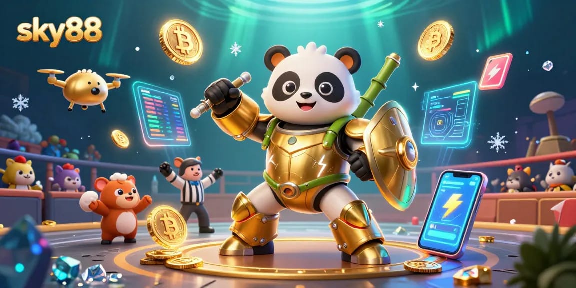 Engage with thrilling sky88 games featuring a mech-suit panda in a dynamic casino arena.